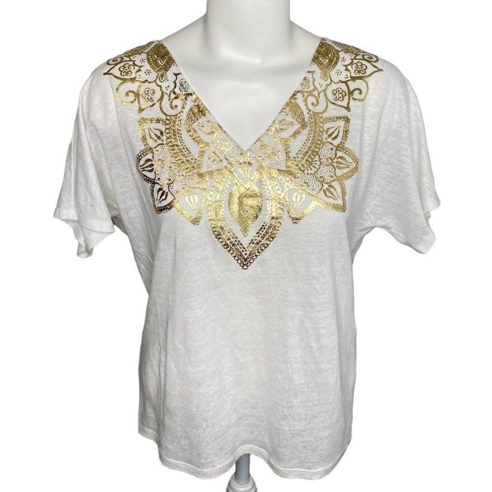 Chicos White Gold V Neck‎ Dolman Sleeve Linen Top Sz 1 Medium